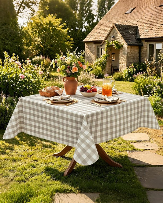 Seenus Khaki Gingham Card Table Tablecloth with Flannel Backing, Waterproof & Easy Clean Farmhouse Decor, Rustic Checkered Table Cloth for Family Dining & Summer BBQ, Square 52 x 52 Inch