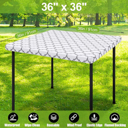 Smiry Picnic Fitted Table Cover, Square Flannel Backed Vinyl Tablecloth | Waterproof Elastic Stretch Table Cloth, Wipeable Plastic Tablecloth for Camping, Indoor & Outdoor (White, 36" x 36")