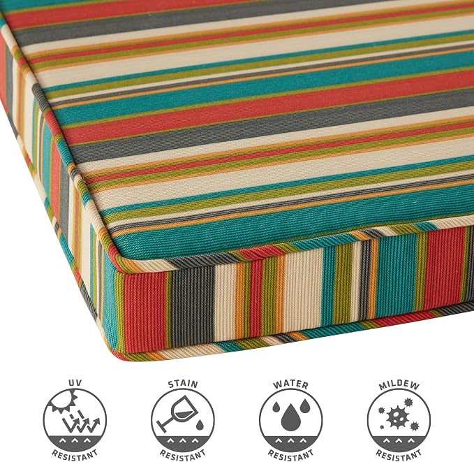 Outdoor 18 inch Square Patio Dining Chair Pads – Comfortable Fiber-Filled Seat Cushions with Ties, Reversible Polyester Fabric - Sunset Stripe - Updated, Set of 4