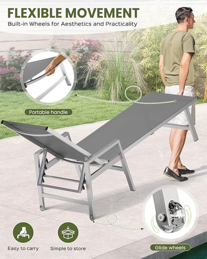 Vexwalx Patio Chaise Lounge Chair Outdoor with Wheels&Armrests, Aluminum Pool Lounge Chairs 5-Position Adjustable Recliner, Outdoor Beach Lounge Chairs for Poolside, Patio, Deck, Yard, Dark Gray