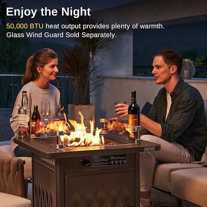 EAST OAK 28'' Propane Fire Pit Table, 50,000 BTU Steel Gas FirePit for Outdoor, Outside Patio Deck and Garden, CSA Certified Fire Table with Magnetic Lid, Cover-Storage Basket and Lava Rock , Brown