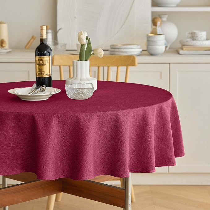 Decorelia Christmas Christmas Red Waterproof Round Table Cloth for Round,Decorative Farmhouse Tablecloths Table Cover for Holiday,Banquet,Dining& Kitchen (70 Inch,Round (4-6 Seats,Burgundy)
