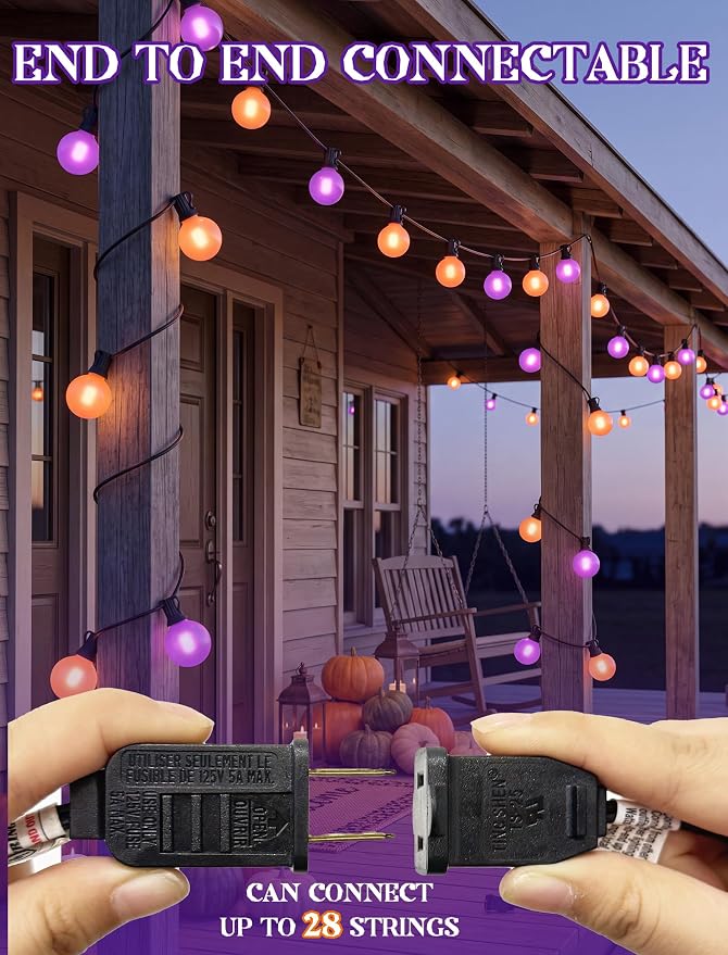 50FT G40 Halloween Orange and Purple Globe String Lights Outdoor Waterproof | Hanging Patio Light with 27 LED G40 Globe Bulbs, Plug in Outdoor Halloween Decorations Lights for Party Porch Garden Backyard