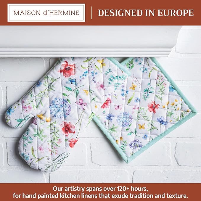 Maison d' Hermine 100% Cotton Oven Mitt & Pot Holder Set (7.5"x13" & 8"x8") Heat Resistant BBQ Cooking Gloves with Loop Baking Grilling Kitchen Hotel Home Farmhouse Spring Summer (Just Floral)