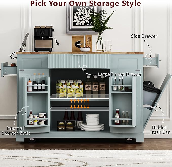 Ball & Cast Fluted Kitchen Island with Trash Can Storage Cabinet,Power Outlet,Internal Storage Rack,Rolling Kitchen Islands On 5 Wheels W/3 Drawer&3 Open Side Racks for 10 Gallon Garbage Bin,Grey Blue