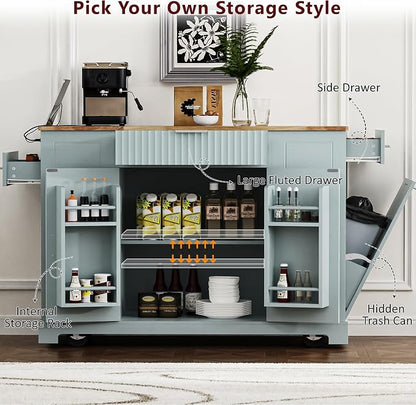 Ball & Cast Fluted Kitchen Island with Trash Can Storage Cabinet,Power Outlet,Internal Storage Rack,Rolling Kitchen Islands On 5 Wheels W/3 Drawer&3 Open Side Racks for 10 Gallon Garbage Bin,Grey Blue