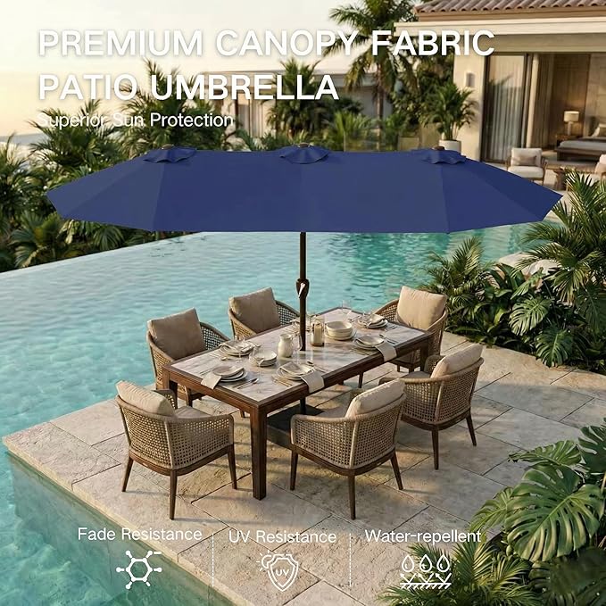 Kingdura 13ft Large Patio Umbrella with Base Included, Double-Sided Rectangle Outdoor Table Umbrella with 12 Reinforced Ribs, Crank Lift for Market Pool Deck Backyard, Navy blue