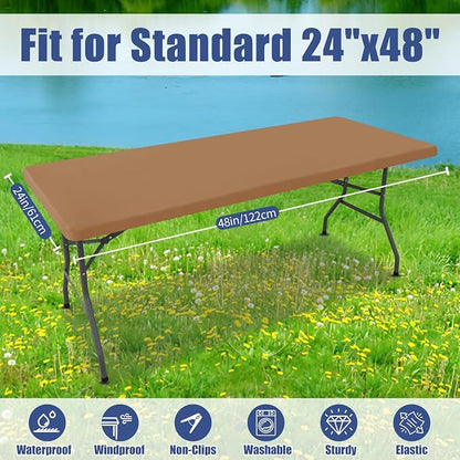 Moosfor Spandex 4 Foot Rectangle Table Cloth, Elastic Fitted Tablecloths for Picnic, Stretch Washable Patio Table Cover for Outdoor, Camping, Banquet and Parties (Light Brown, 24"x48")