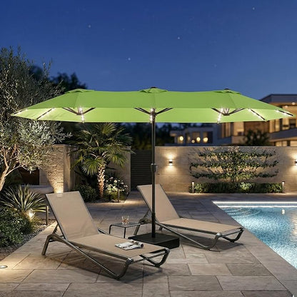 15FT Large Outdoor Patio Umbrella with Solar Lights and Base, Double-Sided Table Umbrellas with 48 LED Lights, Rectangle Market Umbrella for Pool, Deck, Backyard