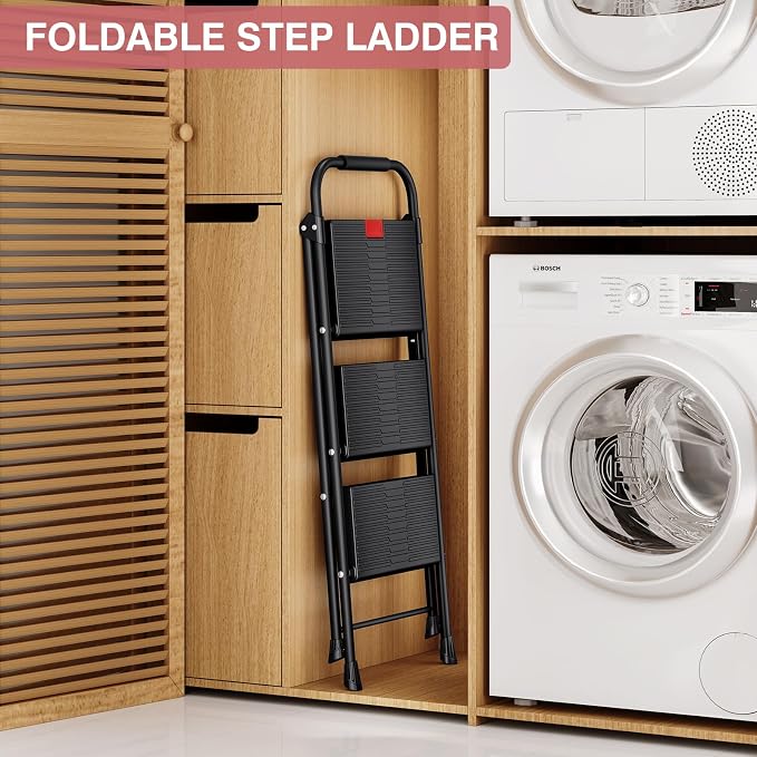 TOOLF 3 Step Ladder, Folding Steel Step Ladder with Handrail, Black | 500 lb Capacity, Wide Anti-Slip Pedals, Steel Frame, Safety Handrail, Foldable, Indoor & Outdoor Use