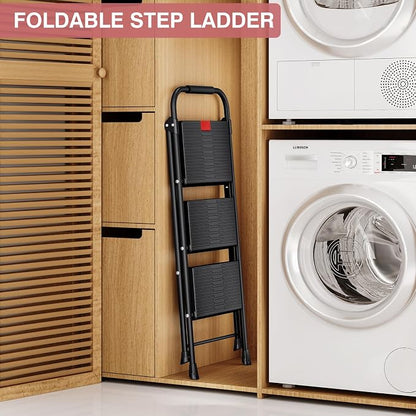 TOOLF 3 Step Ladder, Folding Steel Step Ladder with Handrail, Black | 500 lb Capacity, Wide Anti-Slip Pedals, Steel Frame, Safety Handrail, Foldable, Indoor & Outdoor Use