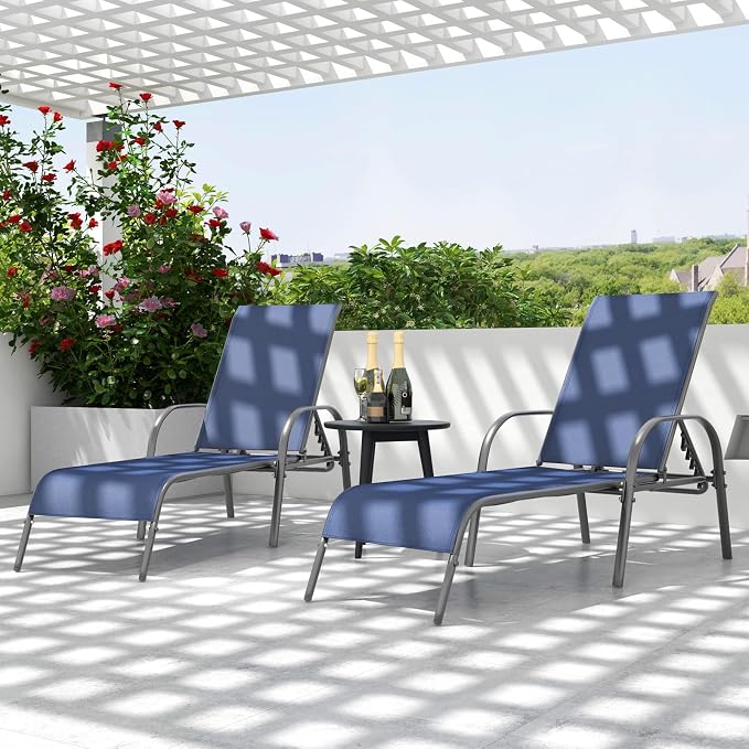 Tangkula Outdoor Lounge Chair, Patio Chaise Lounge with Adjustable Backrest, Reclining Pool Lounge Chair for Outside with Heavy Duty Steel Frame for Beach, Yard, Balcony, Poolside (Navy)