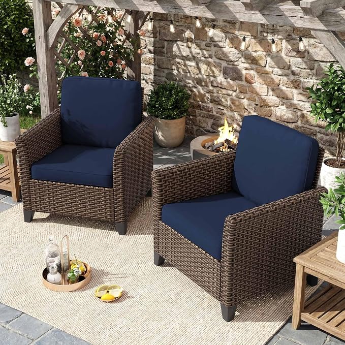 Patio Wicker Chairs with High Back Set of 2, All Weather PE Wicker Outdoor Chairs with Water-Resistant Cushions for Garden, Deck, Porch, Backyard, Balcony