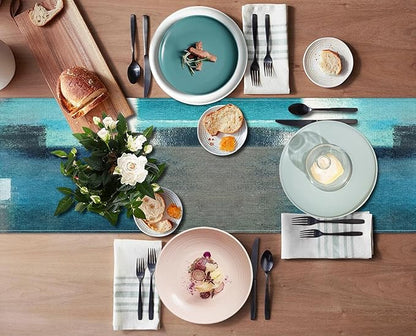 Emvency Farmhouse Table Runner, Modern Teal and Grey Abstract Art Painting for Kitchen Coffee Table Family Dinners Holiday Parties Wedding Events Decor(13x72 inch)