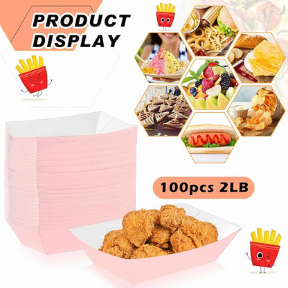 100 Pcs 2lb Paper Food Trays Boat Nacho Boats for Hot Dogs, Light Pink