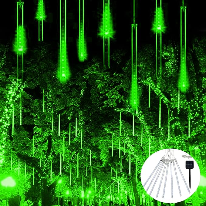 JMEXSUSS Green Solar Lights Outdoor for St. Patrick's Day Decorations, 8 Tube 144 LEDs Solar Meteor Shower Rain Lights, Green Christmas Light for Tree Eaves Yard Fence Porch Decor