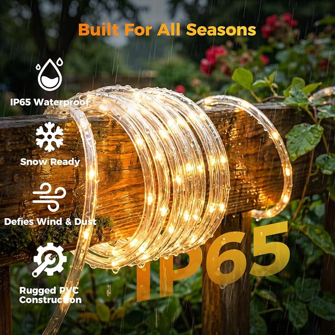 Connectable Solar Rope Lights Outdoor, 66FT 200 LEDs Solar String Lights, IP65 Waterproof 19 Modes Remote Tube Light for Outdoor Indoor Patio Backyards Garden Porch Pool Tree Decor, Warm White