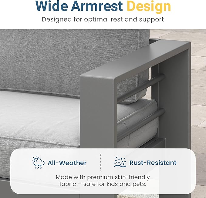 Wisteria Lane Metal Patio Furniture Set for All Weather, Oversized Heavy Duty Outdoor Furniture Set with Upgraded Cushion, Modern Outdoor Patio Couch Set for Garden, Balcony, Backyard, Dark Grey
