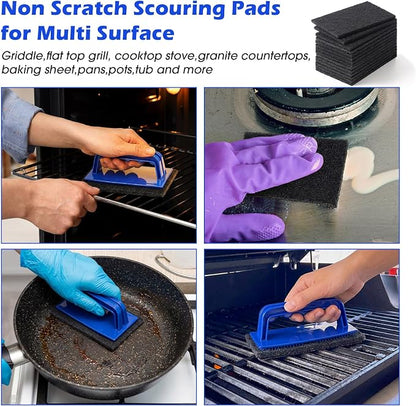 Reallnaive 62 Pcs Griddle Cleaning Kit for Flat Top Grill,Blue | Screen Holder, Grill Screens Cleaning Pads, Heavy Duty Abrasive Mesh Pads for Cast Iron, Stainless Steel Griddle Cleaner