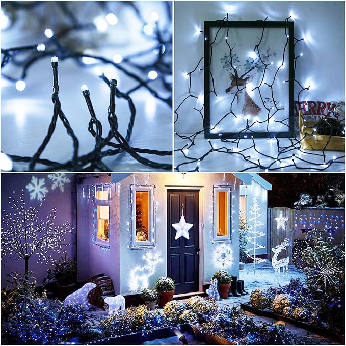 Solar Christmas String Lights, Cool White 200Led Outdoor Waterproof | 2 Pack Total 400LED 144Ft 8 Modes Timer, IP44 Outside Fairy Lights for Tree, Garden, Patio, Lawn, Party, Yard Decorations