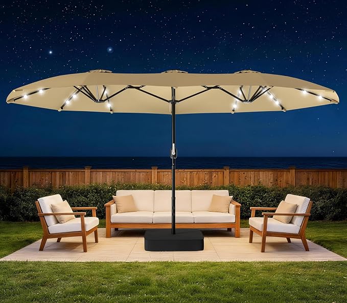 HOPERAN 15FT Patio Umbrella with Base Included, Large Outdoor Double-Sided Rectangle Table Umbrella with Easy Crank Lift, Market Umbrella for Backyard, Pool&Garden