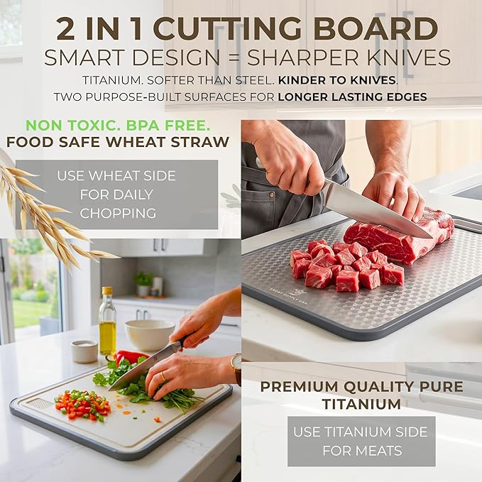 Titanium Cutting Board | Scratch Reduction Mesh | Double-Sided Pure Titanium and Wheat Straw | Anti Slip | Juice Groove | Stain Resistant | Food Grade | Easy to Clean | Smoky Supply USA