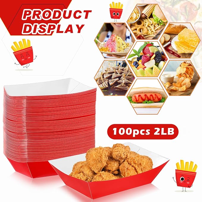 100 Pcs 2lb Paper Food Trays Boat Nacho Boats for Hot Dogs, Red | Grease-Resistant, Disposable Kraft Paper Boat for Tacos Concession, Food Trucks, Birthday, Wedding, Christmas, Halloween