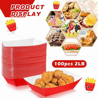 100 Pcs 2lb Paper Food Trays Boat Nacho Boats for Hot Dogs, Red | Grease-Resistant, Disposable Kraft Paper Boat for Tacos Concession, Food Trucks, Birthday, Wedding, Christmas, Halloween