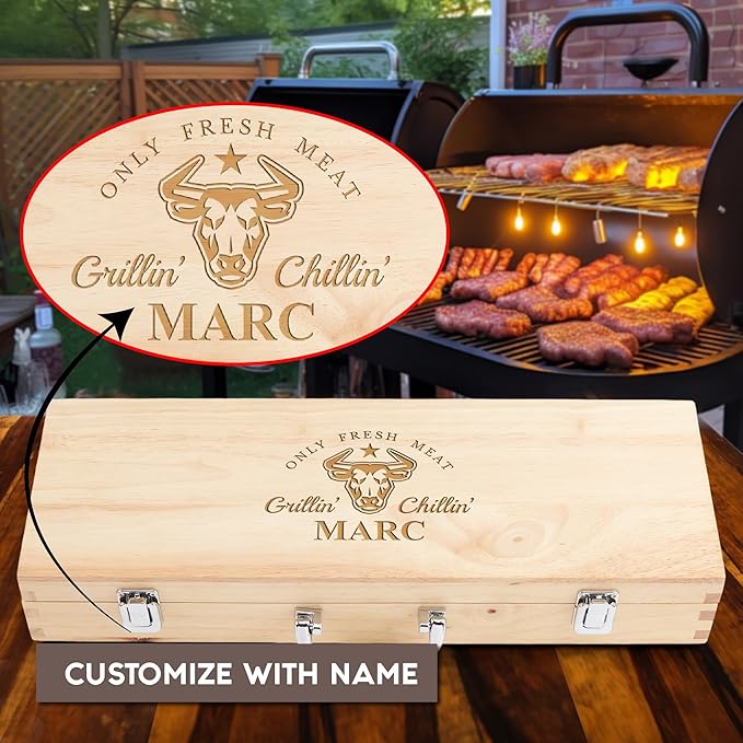 Personalized 11 Pcs Tailgating BBQ Grill Accessories Set Premium Stainless Steel Grilling Tools for Outdoor Cooking, Camping, Mancave, Backyard, Gifts for Men, Smoker Gift Ideas