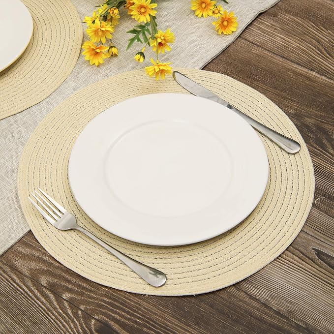 SHACOS Round Braided Placemats Set of 6 Round Table Place Mats for Dining Tables 15 inch (Cream, 6)