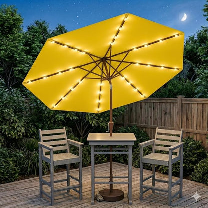 10FT Solar Lighted Patio Umbrella, Outdoor Table Market Umbrellas with Push Button Tilt and Crank, 32 LED Lights, 8 Sturdy Ribs, UV-Resistant for Deck, Garden, Pool