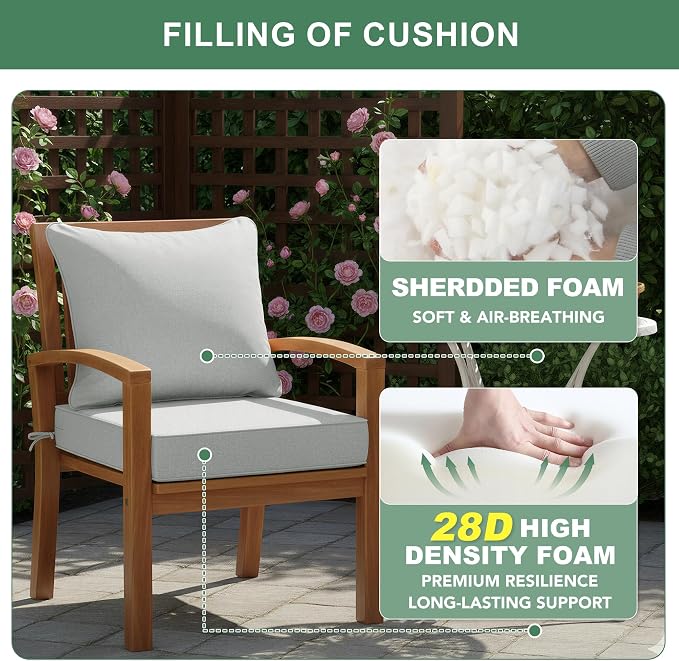 Summsun Patio Cushions for Outdoor Furniture, Faux Linen Water Resistant Backrest and Deep Seat Cushion Set with Non-Slip Bottom, Ties, Removable Cover, 24 x 24 Inch, Light Grey