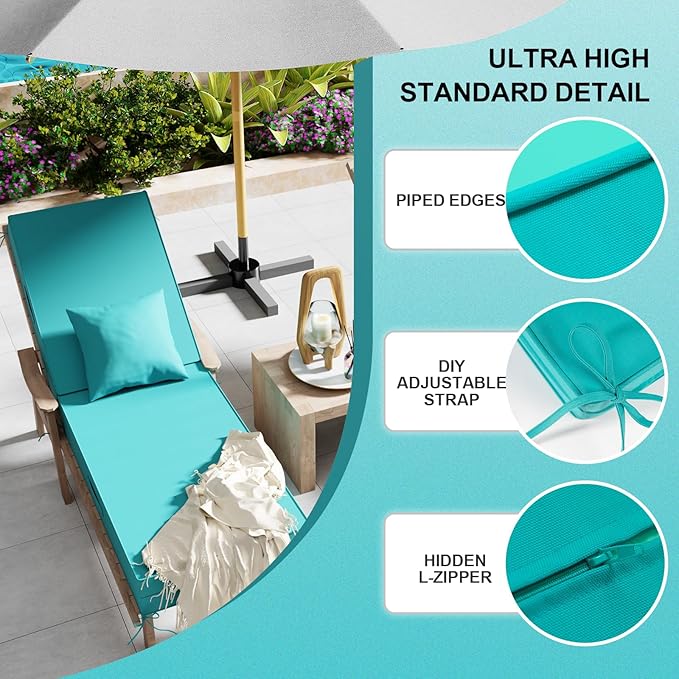 Outdoor Water-Resistant Olefin Chaise Lounge Cushions with Pillow, Weather and Fade Resistant Patio Furniture Lounge Chair Cushion Ideal for Patio, Lawn, Garden, Turquoise, 80"L x 26"W x 5"T