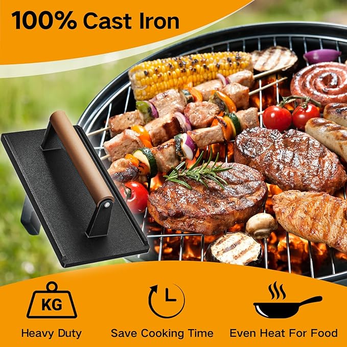 Yoehka Cast Iron Grill Press-2PCS, Heavy Duty Bacon/Burger/Griddle/Chef Press with Wood Handle, Perfectly Grilled Steak,Meat,Sandwich,Panini, 2.25lbs Cooking Weight,Rectangle(8.27"×4.25"×3.35”in)