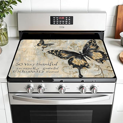 Multi-Design Stove Cover for Glass/Electric Stoves - 3-in-1 Heat-Resistant Protector Mat, Non-Slip Drying Rack 30"L x 21"W (Butterfly 1)