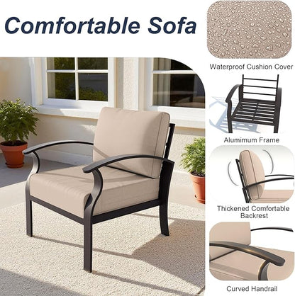ALAULM Aluminum Patio Furniture Set with 2 Swivel Chairs 7-seat Metal Outdoor Furniture Patio Sectional Sofas Patio Conversation Set w/5.1" Cushions for Patio, Backyard, Poolside-Sand