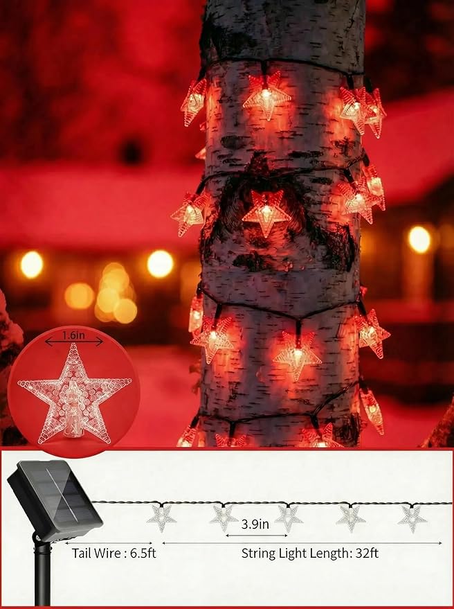 Solar Twinkle Star String Lights Outdoor Indoor Waterproof 39FT 100 LED Solar Powered Fairy Lights with 8 Lighting Modes Christmas Decor for Camping Tree Party Yard Wedding Garden (Red)