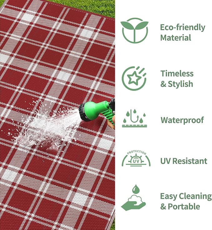 GENIMO Outdoor Rug, Waterproof Plastic Rugs for Patio, 6'x9' Red Plaid | Outside Larger Modern Carpet Mat for Porch Decor, Deck, Balcony, Camping, RV, Backyard, Picnic, Beach, Reversible, Foldable