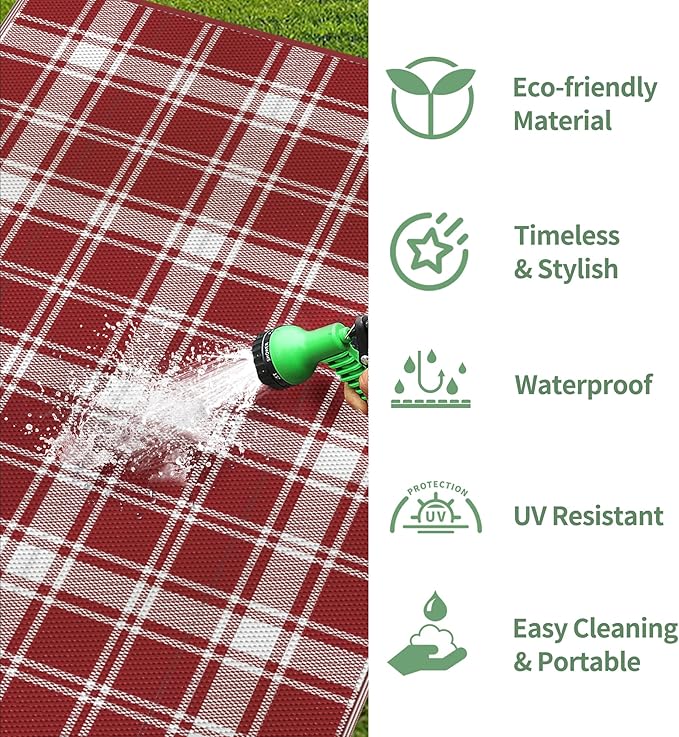GENIMO Outdoor Rug, Waterproof Plastic Rugs for Patio, 9'x12' Red Plaid | Outside Larger Modern Carpet Mat for Porch Decor, Deck, Balcony, Camping, RV, Backyard, Picnic, Beach, Reversible, Foldable