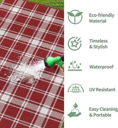 GENIMO Outdoor Rug, Waterproof Plastic Rugs for Patio, 8'x10' Red Plaid | Outside Larger Modern Carpet Mat for Porch Decor, Deck, Balcony, Camping, RV, Backyard, Picnic, Beach, Reversible, Foldable