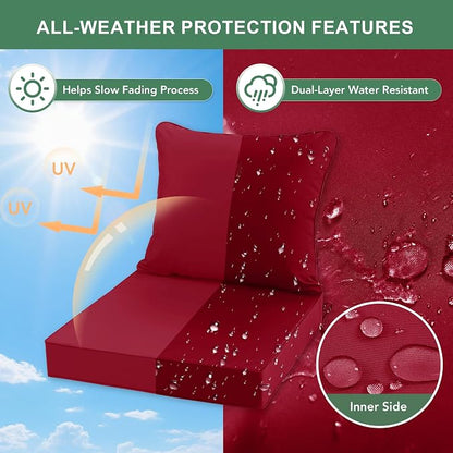 Summsun Outdoor Chair Cushions Set of 2, 22 x 22 Inch, Red | Double-Sided Water Resistant, Removable Cover, Back Pillow & Seat Cushion, Tie Straps, Fit for Patio, Garden, Sofa Couch