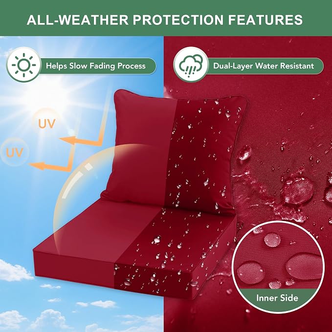 Summsun Patio Cushions for Outdoor Furniture, 24 x 24 Inch, Red, Set of 2 | Backrest & Deep Seat Cushion, Water Resistant, Removable Cover, Replacement Cushions Pad for Patio Furniture, Garden