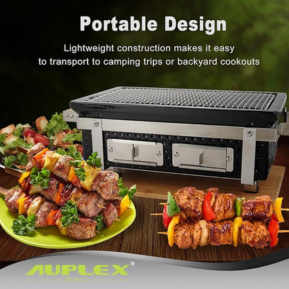 Yakitori Ceramic Charcoal Grill, Japanese Style Tabletop BBQ With Bamboo Heat Shield For Indoor/Outdoor, Square, 16"x9"