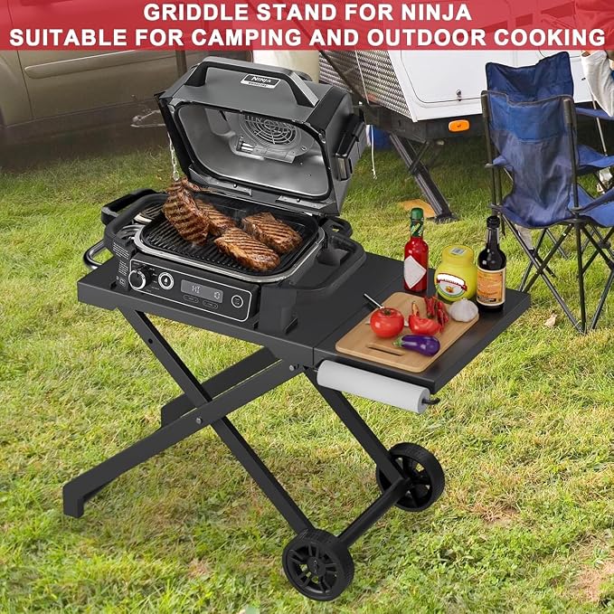 Grill Stand for Ninja Woodfire Outdoor OG700 OG800 Series, Portable Folding Grill Table Cart for Ninja Woodfire OG701 OG850 OG951 and OO101 Pizza Oven with Side Table