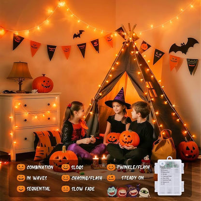 JMEXSUSS 33FT 100 LED Orange Lights for Halloween, Battery Operated | Halloween Lights Outdoor Indoor, 8 Modes Remote String Lights for Yard Tree Front Porch Room House Fence Xmas Decor