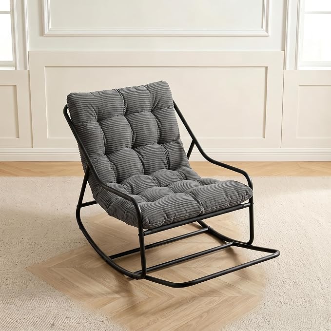 Outdoor Rocking Chairs, Metal Frame Outdoor Rocker with Footrest, Comfy Oversized Patio Chair with Thick Cushion, Reading Glider Lounge Chair for Living Room, Bedroom, Garden, Relax, Gray