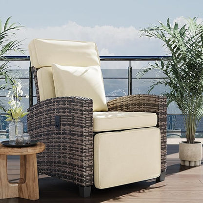 Garvee Outdoor Recliner Chair, 145° Adjustable Backrest & Footrest Lounge Chair with Removable Cushion and Flip-Up Side Table, All-Weather PE Wicker & Steel Frame for Poolside, Deck, Balcony, Khaki