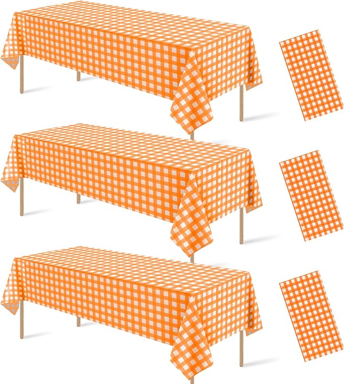 3Pcs Orange Gingham Tablecloths, Fall Checkered Table Covers 54x108 In | Orange and White Checkered Tablecloths Disposable Waterproof for Fall Picnic Halloween Barbecue Birthday Outdoor Party