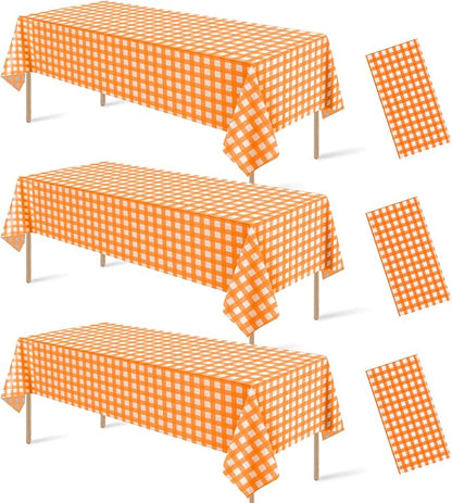 3Pcs Orange Gingham Tablecloths, Fall Checkered Table Covers 54x108 In | Orange and White Checkered Tablecloths Disposable Waterproof for Fall Picnic Halloween Barbecue Birthday Outdoor Party