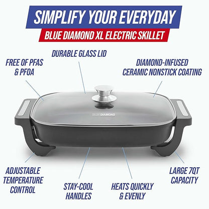 Blue Diamond 7QT Diamond Ceramic Nonstick 5-in-1 Electric Skillet, Graphite | PFAS-Free Nonstick, Extra Large Electric Skillet, Adjustable Temperature Dial, Stay-Cool Grips, Easy-Clean Interior